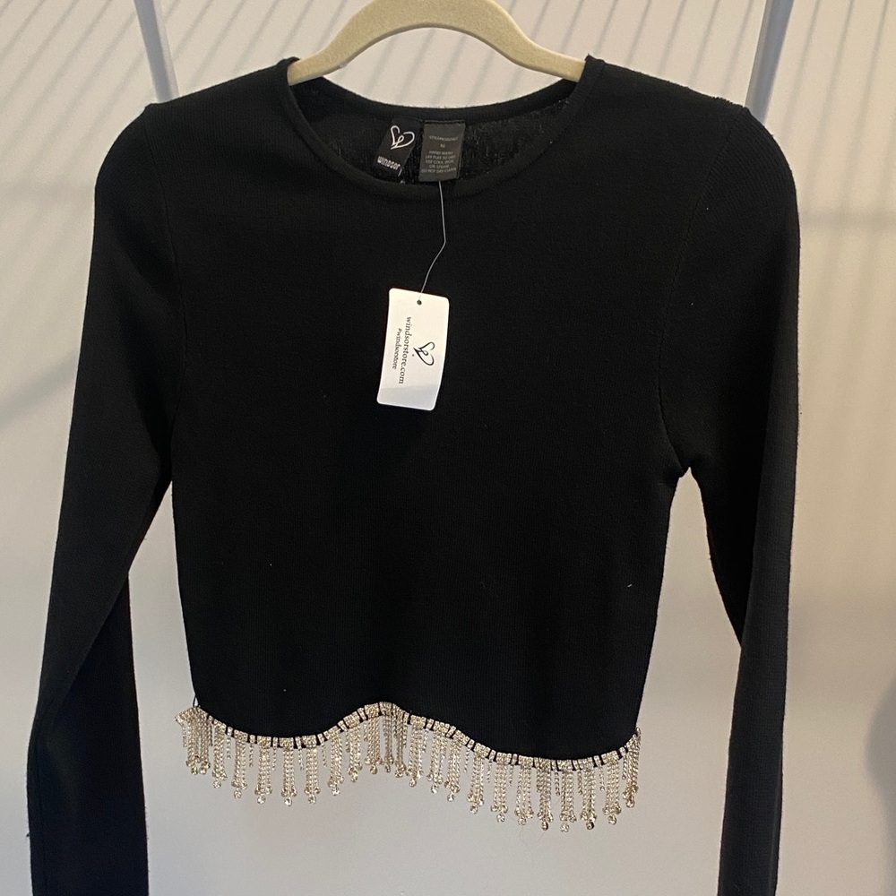 Windsor Black Beaded Fringe Long Sleeve Top